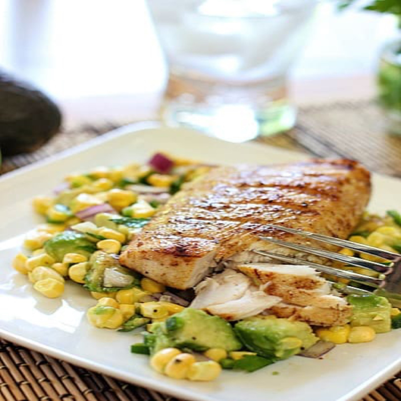 Grilled Mahi Mahi with corn avocado salsa