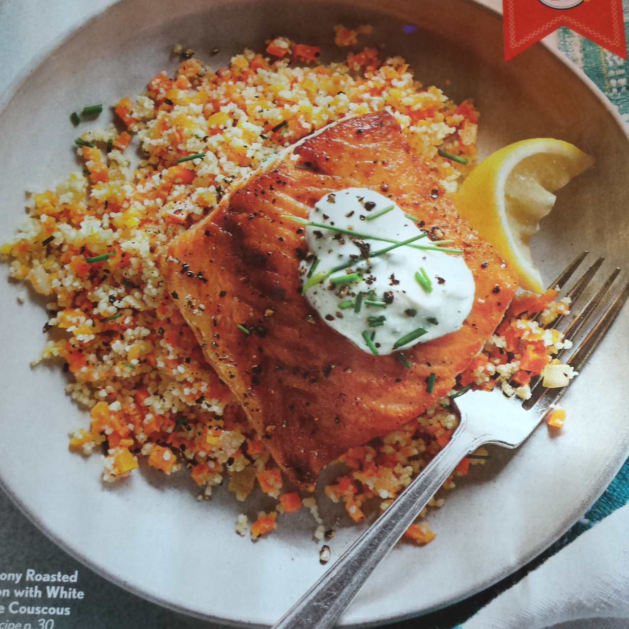 Lemony roasted salmon with white wine couscous