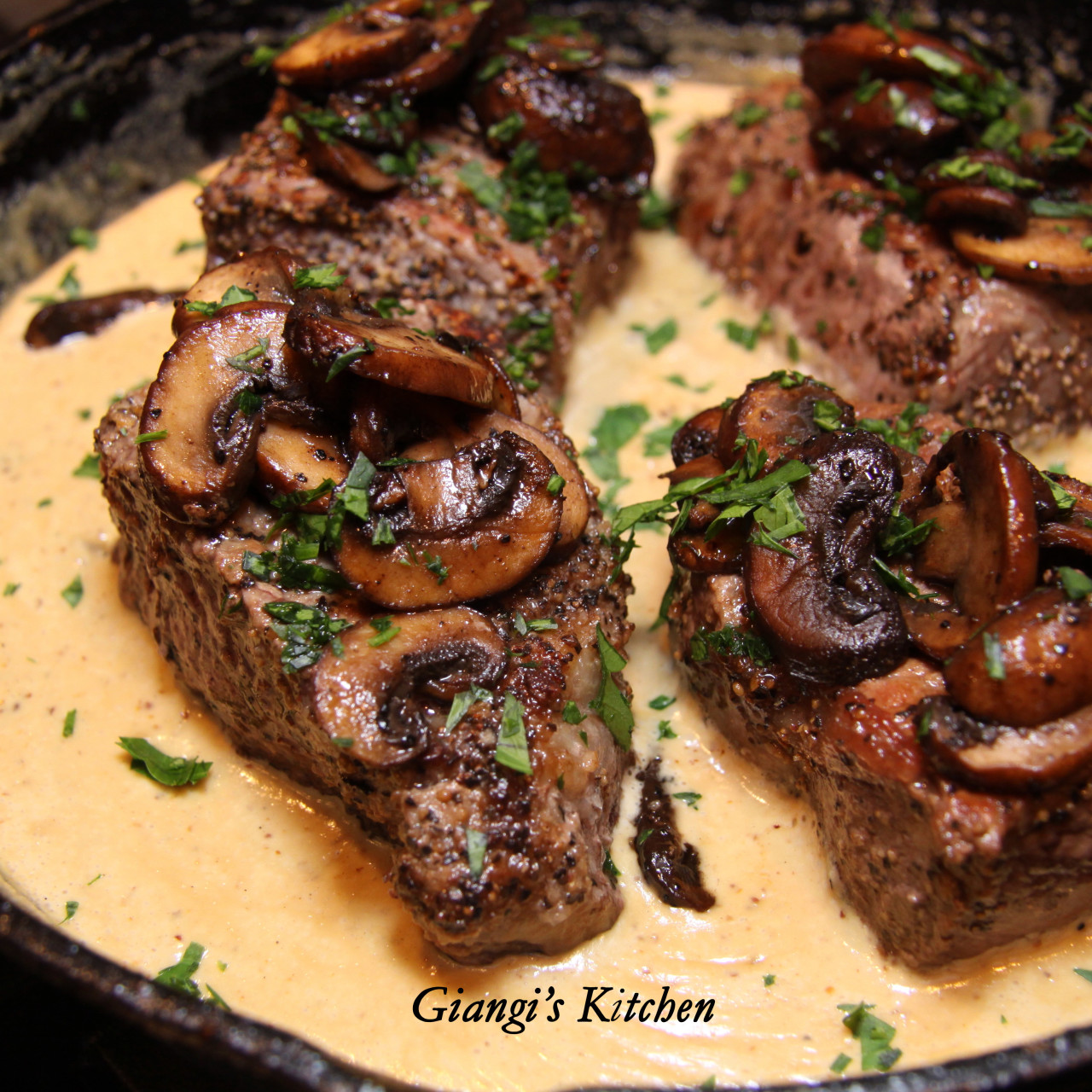 New York Steaks with Mustard and Mushrooms