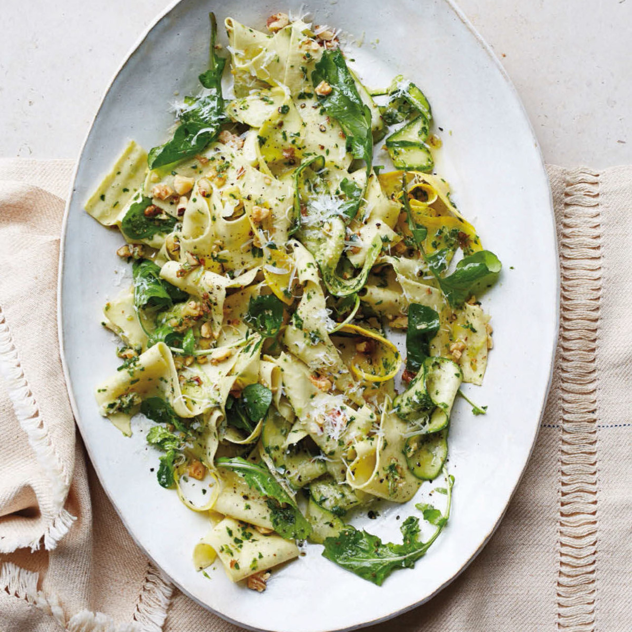 Pappardelle with Summer Squash and ArugulaWalnut Pesto