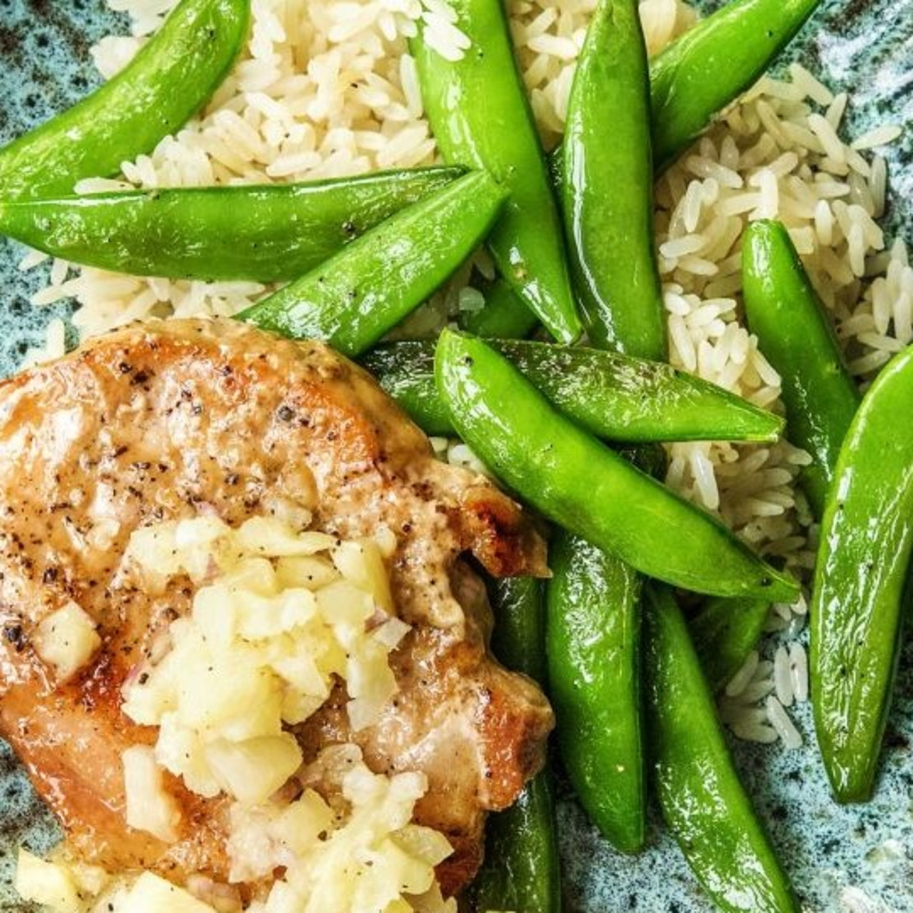 Pineapple Pork Chops w/Sugar Snap Peas & Jasmine Rice