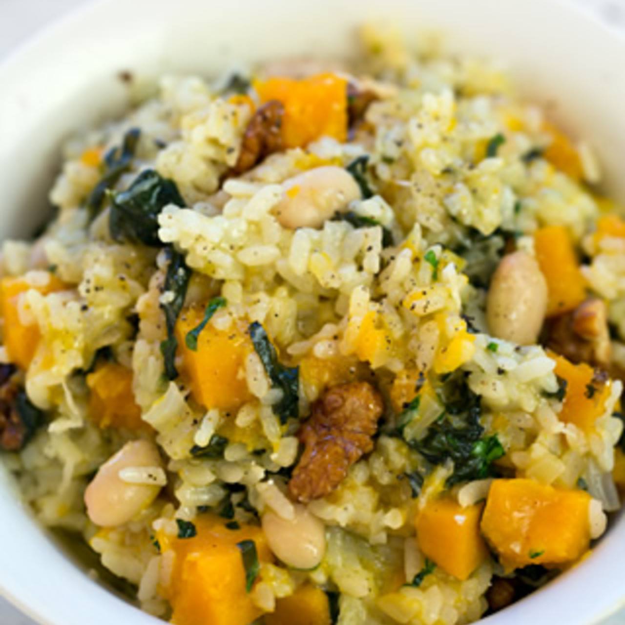 Risotto with Pumpkin, Spinach, Cannellini Beans and Walnuts