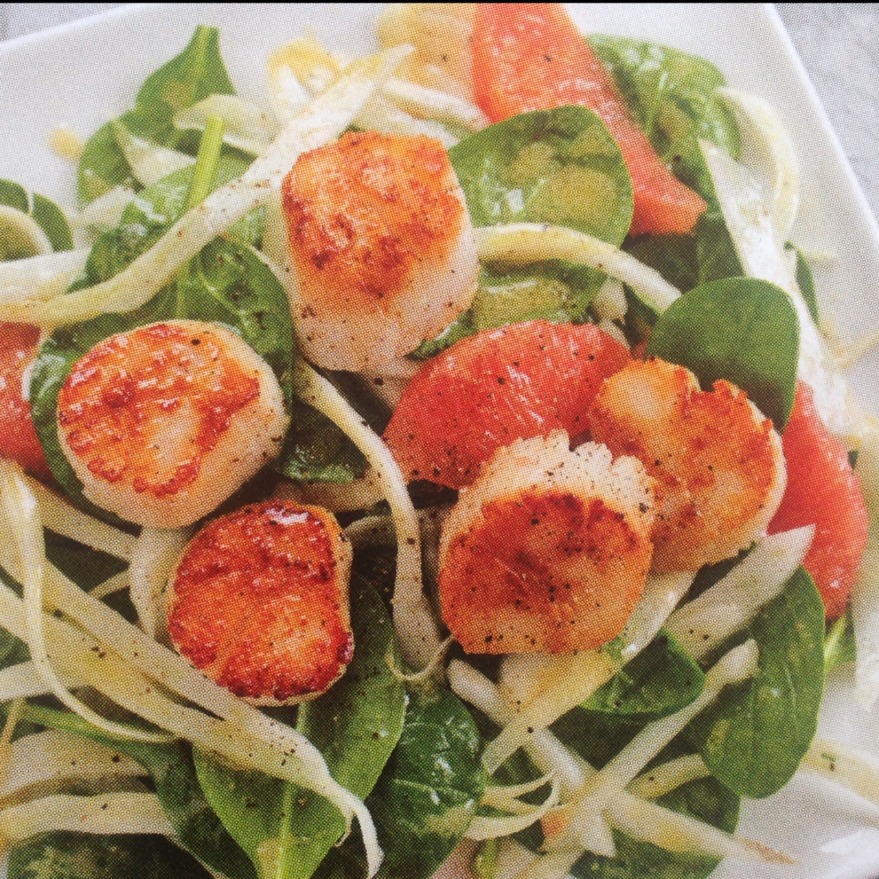 Seared scallops with spinach, Fennel and grapefruit salad