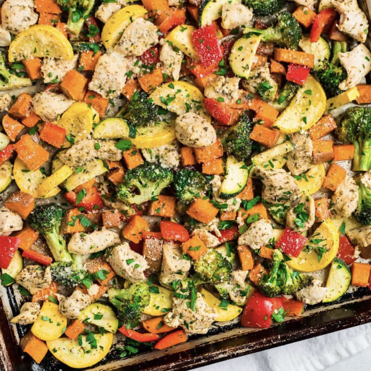 Sheet Pan Chicken with Rainbow Vegetables, Lemon and Parmesan
