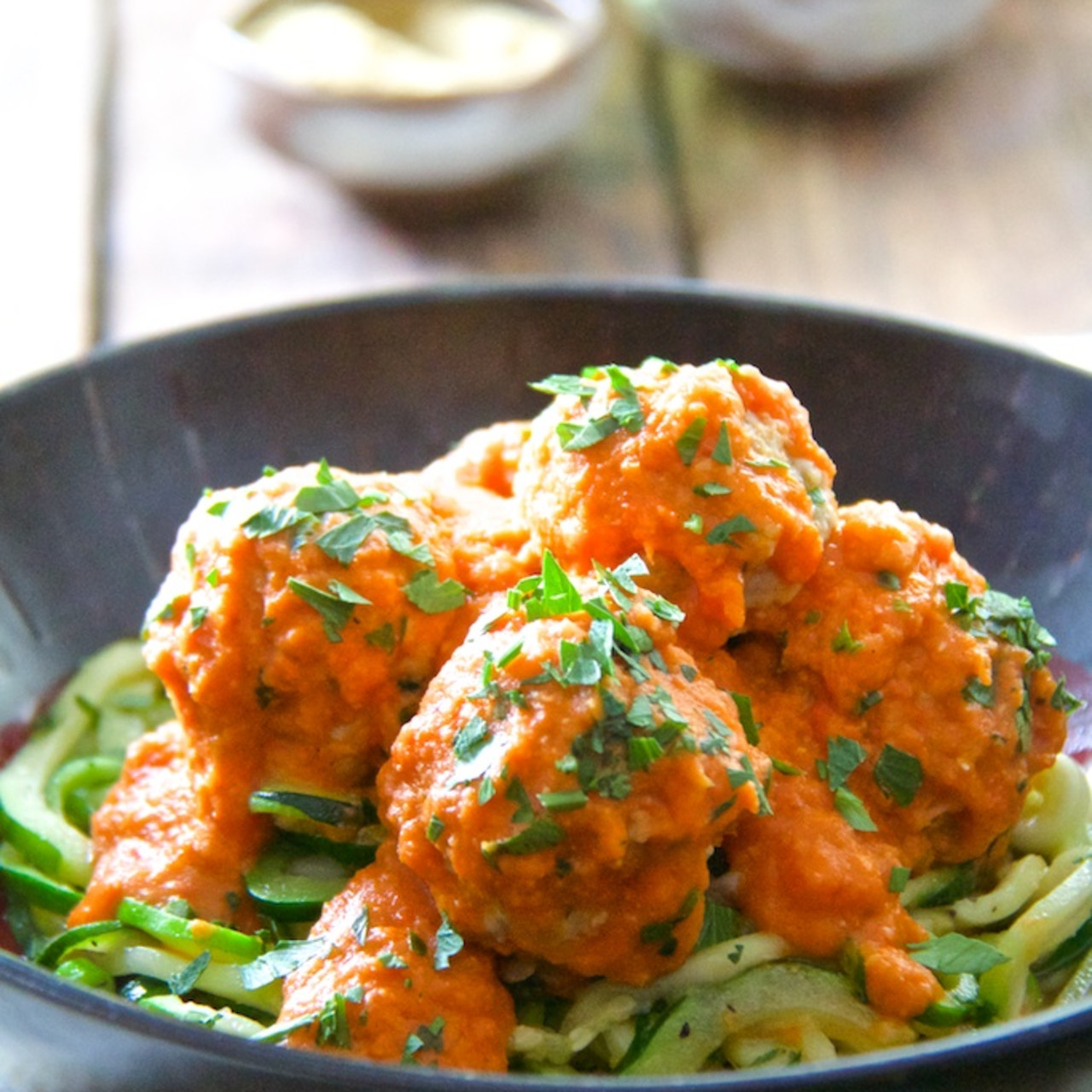 Spaghetti and Meatballs with Roasted Red Bell Pepper Sauce