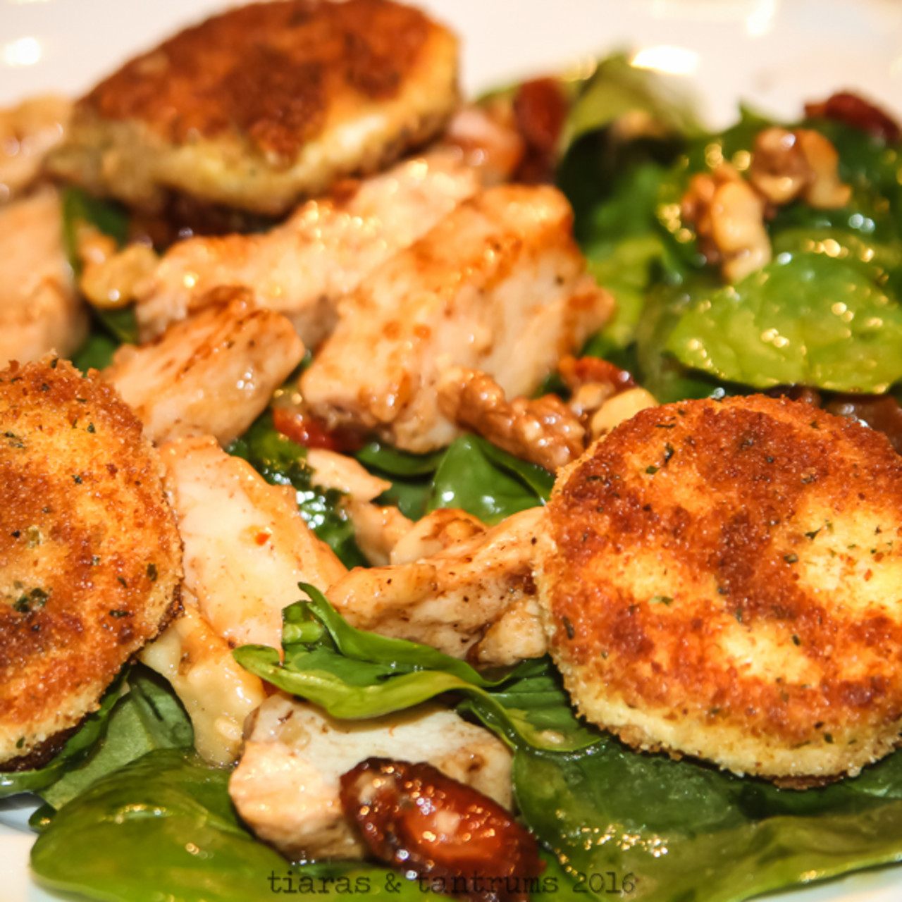 Spinach Salad with Goat Cheese, Bacon, Walnut and Warm Italian Dressing