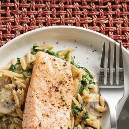 15-Minute Salmon & Creamy Orzo with Spinach & Mushrooms