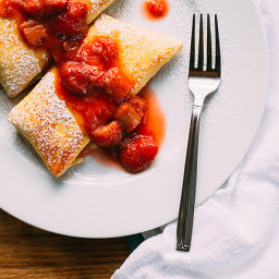 3 Cheese Blintzes with Strawberry Rhubarb Compote