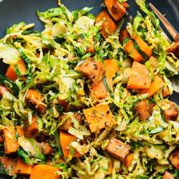 3-Ingredient Sweet Potato & Brussels Sprout Hash with Chicken Sausage