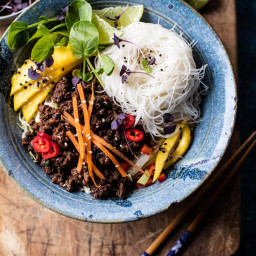 30 Minute Asian Basil Beef and Mango Noodle Salad.
