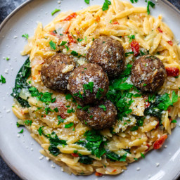 30-Minute Herby Meatballs with Creamy Kale Orzo