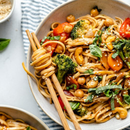 30 Minute Vegan Stir Fry Sesame Noodles with Chickpeas and Basil