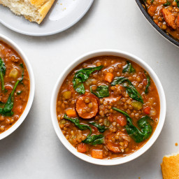 A Tasty Lentil Soup With Smoked Sausage and Spinach