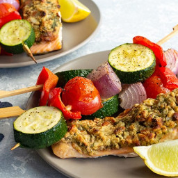 Almond and oat crusted salmon with vegetable kebabs