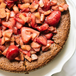 Almond Cake with Roasted Strawberries & Rhubarb on Top