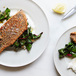 Almond-Crusted Trout with White Grits and Swiss Chard