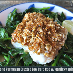 Almond Parmesan Crusted Low Carb Cod with garlicky spinach