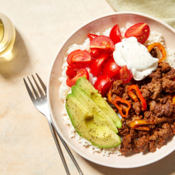 Ancho-BBQ Beef Bowls with Avocado, Marinated Tomatoes, & Sweet Peppers