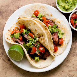 Ancho Chile and cocoa-rubbed flank steak tacos