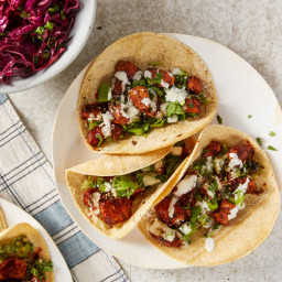 Ancho Chile Chicken Tacos with Blistered Shishito Peppers & Cabbage Sla