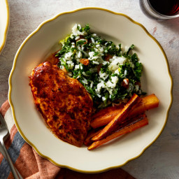 Ancho-Orange Chicken with Creamy Kale Rice & Roasted Carrots