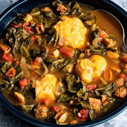 Andouille and Collard Greens Soup With Cornmeal Dumplings