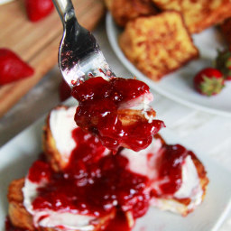 Angel Food Cake French Toast with Cream Cheese and Strawberry Syrup