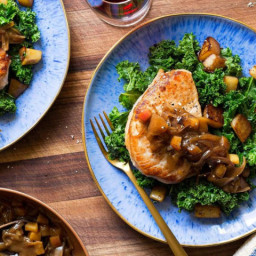 Pork Chops with Pears, Kale, and Maple-Shallot Jam