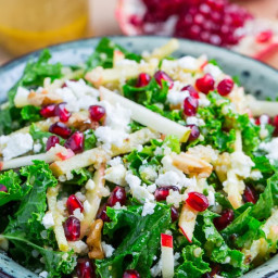Apple and Pomegranate Quinoa and Kale Salad with Feta in a Curried Maple Di