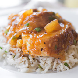 Apricot-Pineapple “Sticky” Chicken over Toasted-Green Onion Rice