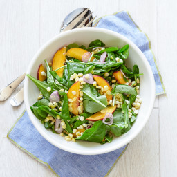 Arugula Salad with Peaches, Corn, and Pickled Shallots