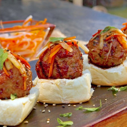 Asian Chicken Meatball Sliders with Pickled Carrot and Daikon