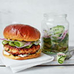 Asian-spiced salmon burgers with pickled cucumber