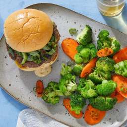 Asian-Style Beef & Shiitake Burgers with Sautéed Broccoli & Carrots