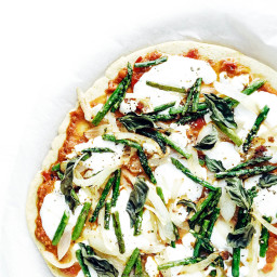 Asparagus, Onion, and Goat Cheese Pizza with Romesco Sauce