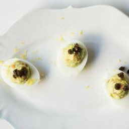 Avocado Deviled Eggs with Smoked Salmon and Fried Capers
