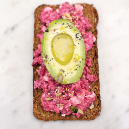 Avocado on rye toast with beetroot