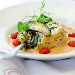 Baby marrow souffle served with tomato cream