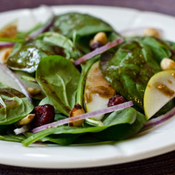 Baby Spinach Salad With Pears, Red Onions, Cranberries, and Toasted Hazelnu