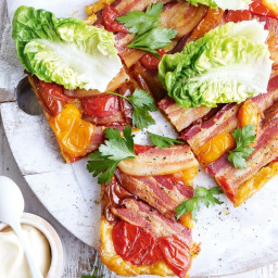 Bacon and tomato tarte Tatin with cos salad