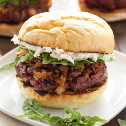 Bacon Burgers with Bourbon Caramelized Onions and Goat Cheese