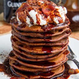 Bacon Guinness Chocolate Pancakes with a Frothy Whipped Cream Head and Guin