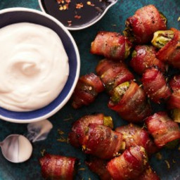 Bacon-Wrapped Brussels Sprouts with Creamy Lemon Dip