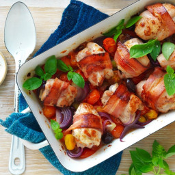 Bacon-wrapped chicken tray bake