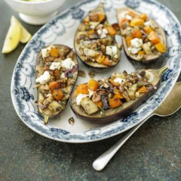 Baked aubergine stuffed with roast pumpkin, feta and walnut with minted cou