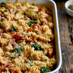 Baked Boursin Cheese Pasta with Sundried Tomatoes and Spinach