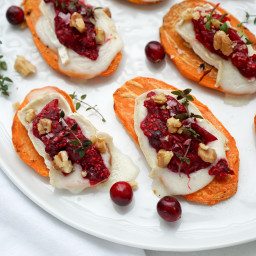 Baked Brie Sweet PotaTOASTS with Cranberry Chia Jam