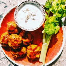 Baked Buffalo Chicken Meatballs with Blue Cheese Crema