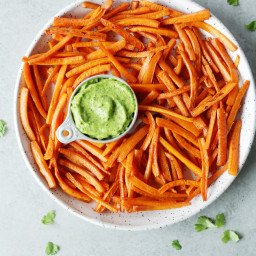 Baked carrot fries with avocado chimichurri dipping sauce