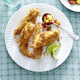 Baked Coconut Tenders with Strawberry-Mango Salsa